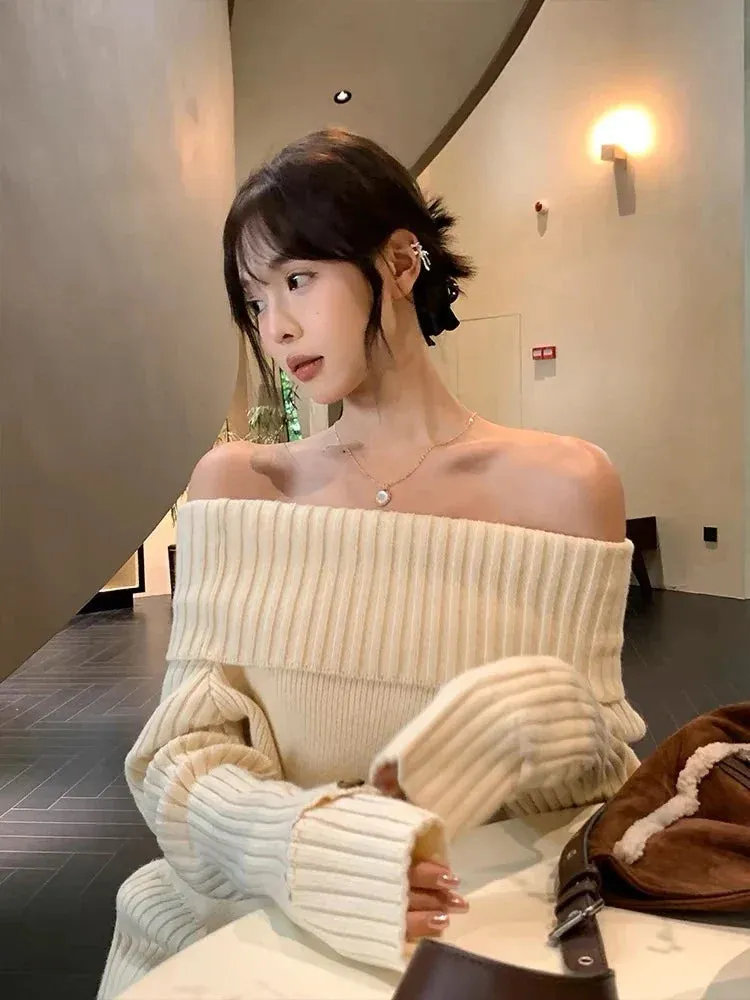 Beige Off Shoulder Knit Sweater – Elegant Harajuku Long Sleeve Pullover From Kawaii Stop
