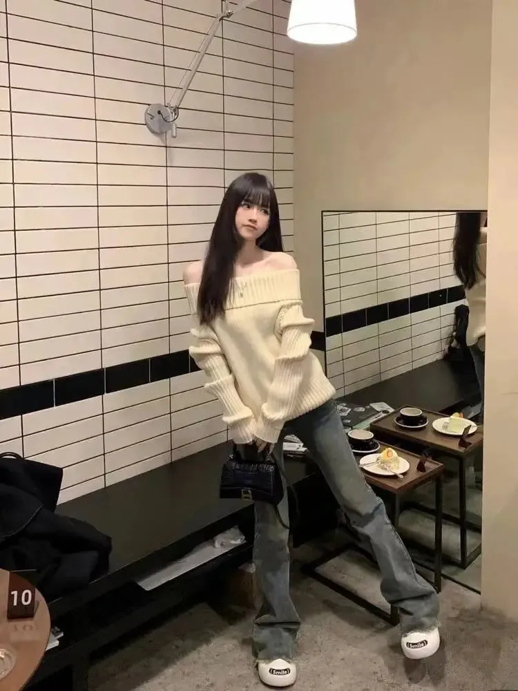 Beige Off Shoulder Knit Sweater – Elegant Harajuku Long Sleeve Pullover From Kawaii Stop
