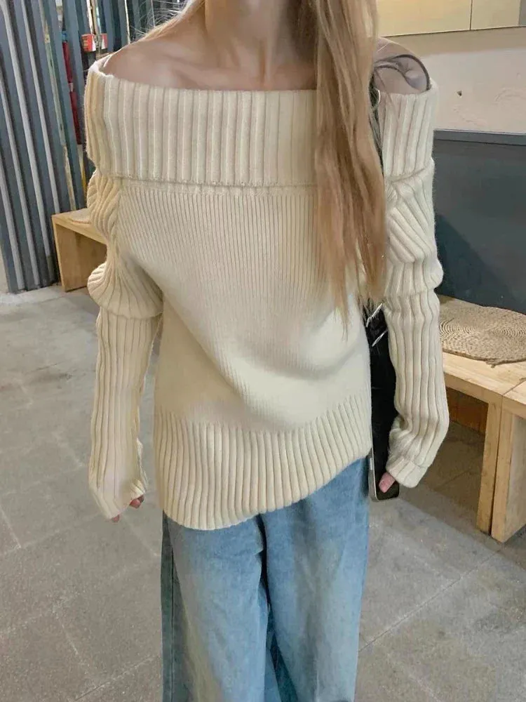 Beige Off Shoulder Knit Sweater – Elegant Harajuku Long Sleeve Pullover From Kawaii Stop