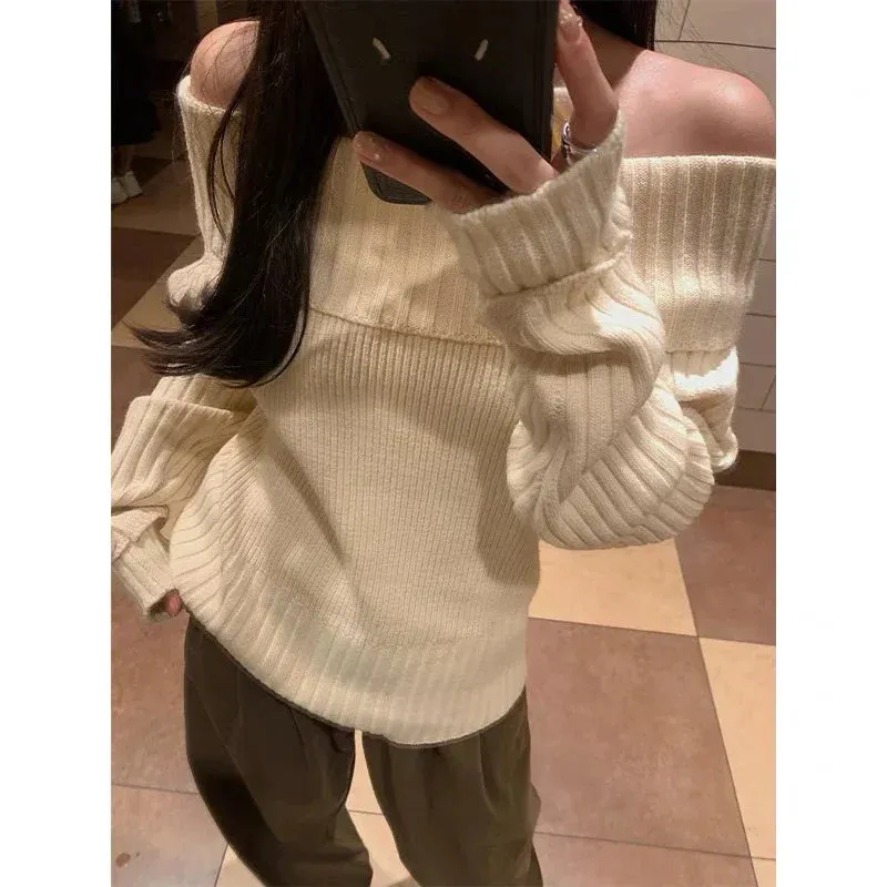 Beige Off Shoulder Knit Sweater – Elegant Harajuku Long Sleeve Pullover From Kawaii Stop