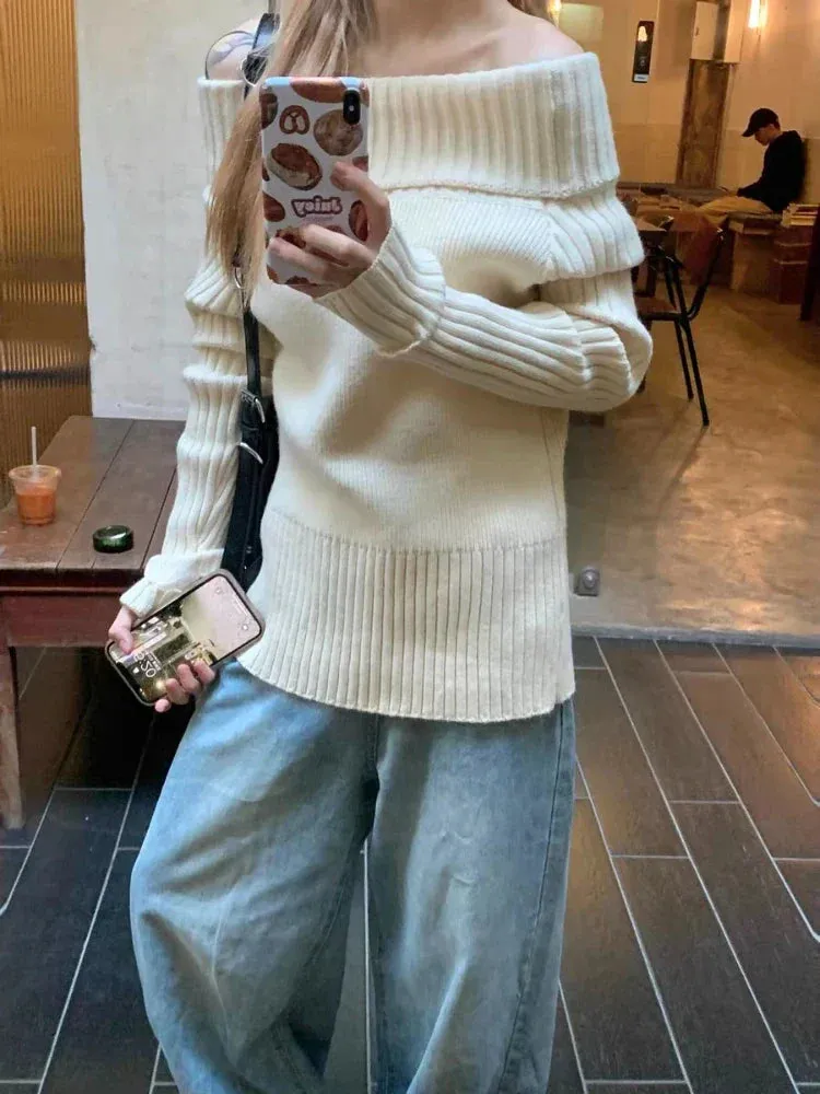 Beige Off Shoulder Knit Sweater – Elegant Harajuku Long Sleeve Pullover From Kawaii Stop