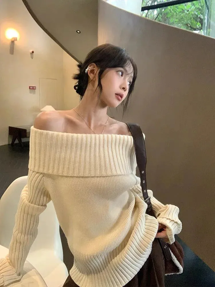 Beige Off Shoulder Knit Sweater – Elegant Harajuku Long Sleeve Pullover From Kawaii Stop