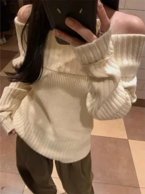 Beige Off Shoulder Knit Sweater – Elegant Harajuku Long Sleeve Pullover From Kawaii Stop