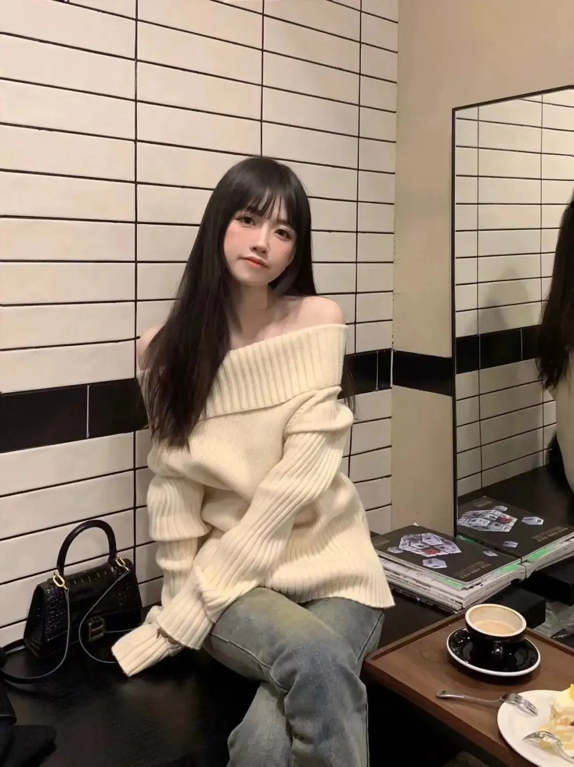 Beige Off Shoulder Knit Sweater – Elegant Harajuku Long Sleeve Pullover From Kawaii Stop