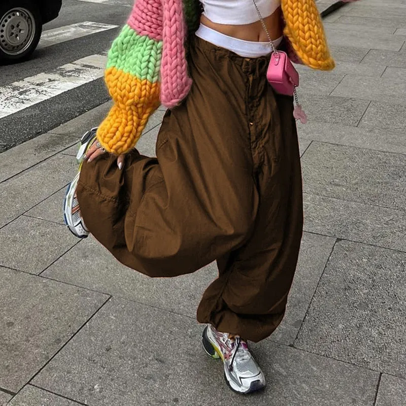 Fashionkova  Casual Baggy Wide Leg Sweatpants White Loose Drawstring Low Waist Streetwear Cargo Pants Womens Hippie Joggers Trousers