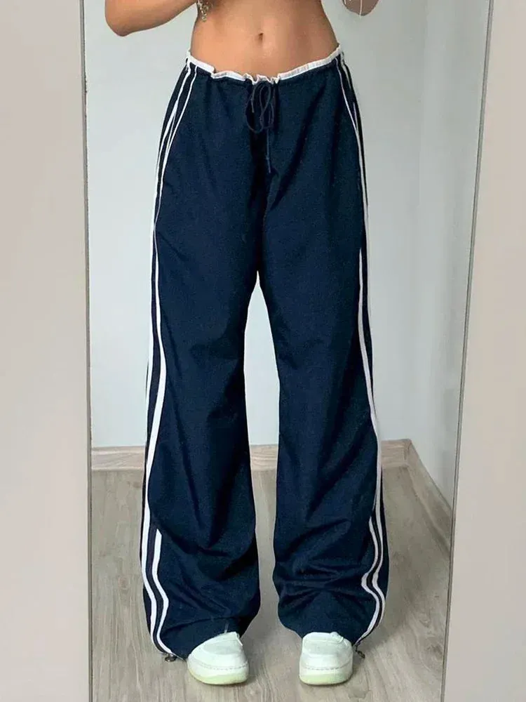 Girlary Low Waist Sports Sweatpants Streetwear Y2K Cargo Pants Harajuku Baggy Trousers Side Stripe Elastic Korean fashion