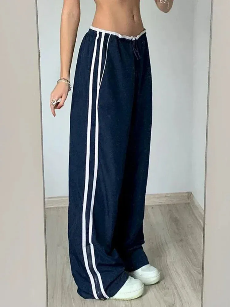 Girlary Low Waist Sports Sweatpants Streetwear Y2K Cargo Pants Harajuku Baggy Trousers Side Stripe Elastic Korean fashion