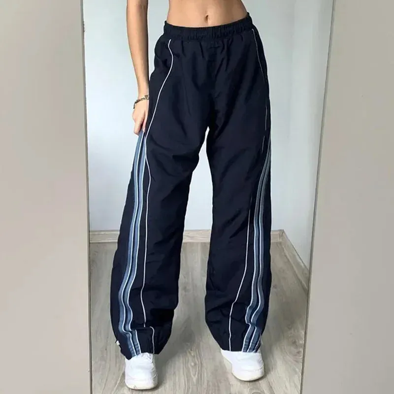 Girlary Low Waist Sports Sweatpants Streetwear Y2K Cargo Pants Harajuku Baggy Trousers Side Stripe Elastic Korean fashion