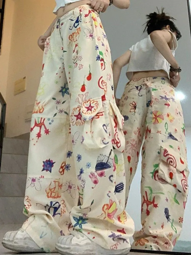 Girlary Vintage Baggy Cargo Pants Women Y2k Fashion Straight Flower Pattern Low Waist Casual Sweatpants Hip Hop Slouchy Trousers