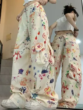 Girlary Vintage Baggy Cargo Pants Women Y2k Fashion Straight Flower Pattern Low Waist Casual Sweatpants Hip Hop Slouchy Trousers