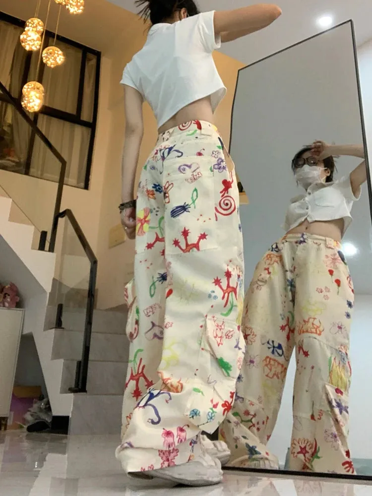 Girlary Vintage Baggy Cargo Pants Women Y2k Fashion Straight Flower Pattern Low Waist Casual Sweatpants Hip Hop Slouchy Trousers