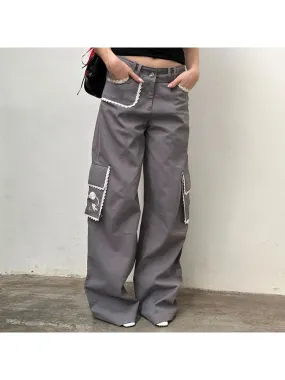 Girlary Woman Denim Pants Loose Trousers Low Waist Sweatpants Floor-Length Cargo Pockets Pants Bell Bottoms Hiking Design Pant Y2K