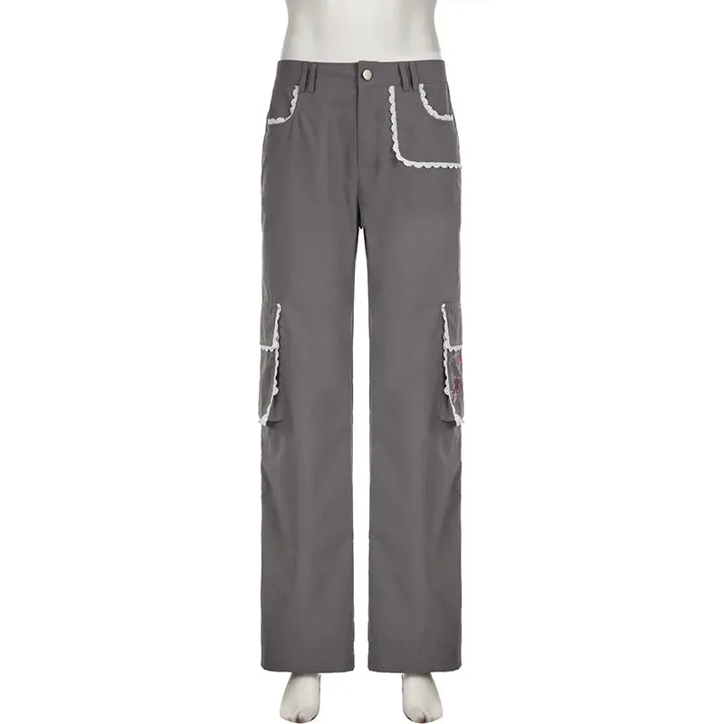 Girlary Woman Denim Pants Loose Trousers Low Waist Sweatpants Floor-Length Cargo Pockets Pants Bell Bottoms Hiking Design Pant Y2K