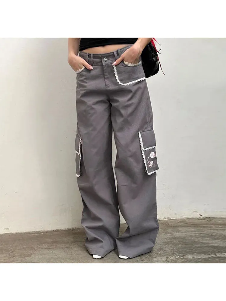 Girlary Woman Denim Pants Loose Trousers Low Waist Sweatpants Floor-Length Cargo Pockets Pants Bell Bottoms Hiking Design Pant Y2K