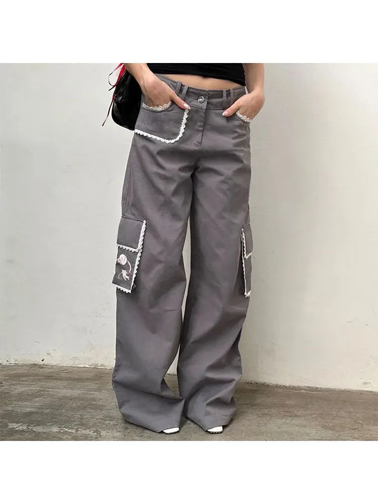 Girlary Woman Denim Pants Loose Trousers Low Waist Sweatpants Floor-Length Cargo Pockets Pants Bell Bottoms Hiking Design Pant Y2K