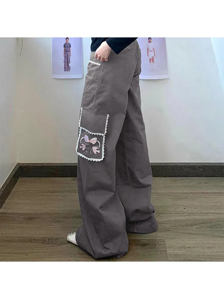 Girlary Woman Denim Pants Loose Trousers Low Waist Sweatpants Floor-Length Cargo Pockets Pants Bell Bottoms Hiking Design Pant Y2K