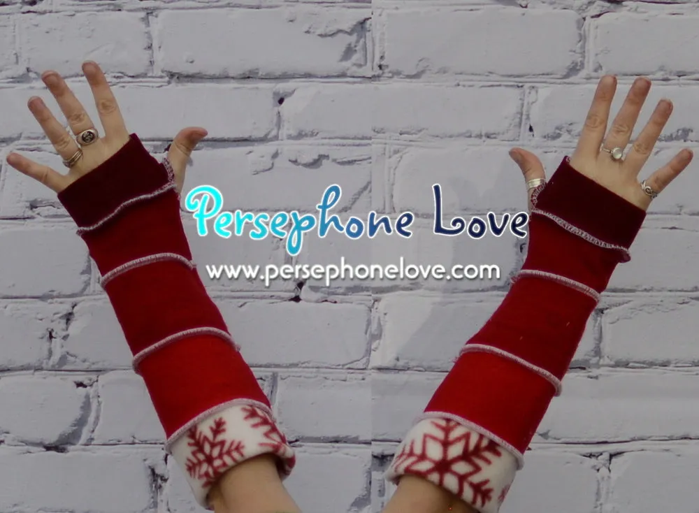 Katwise inspired needle-felted Red White Snowflake merino wool upcycled sweater arm warmers-1330