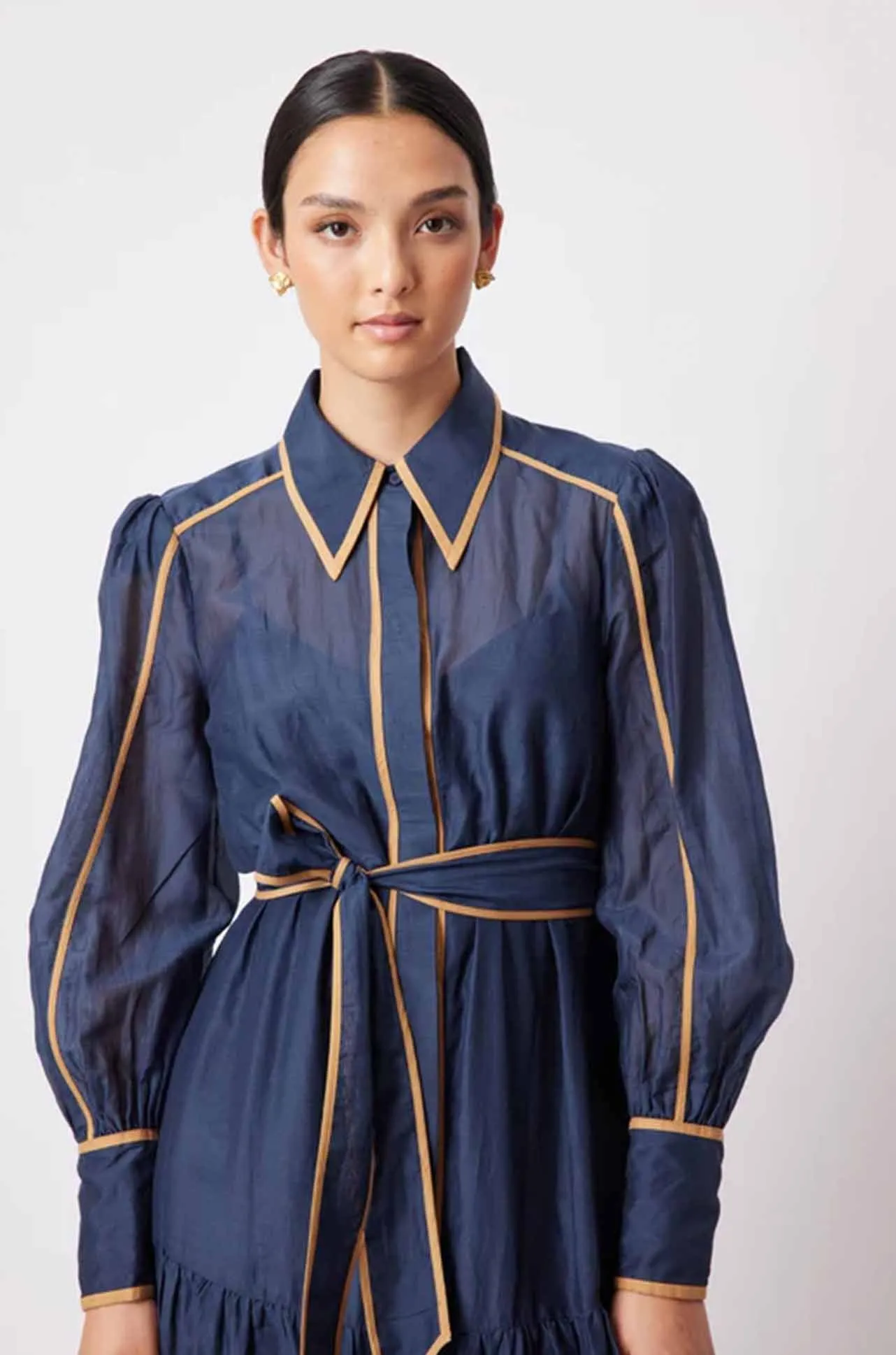 Once Was - Tallitha Binding Detailed Collared Shirtdress in Navy/Husk