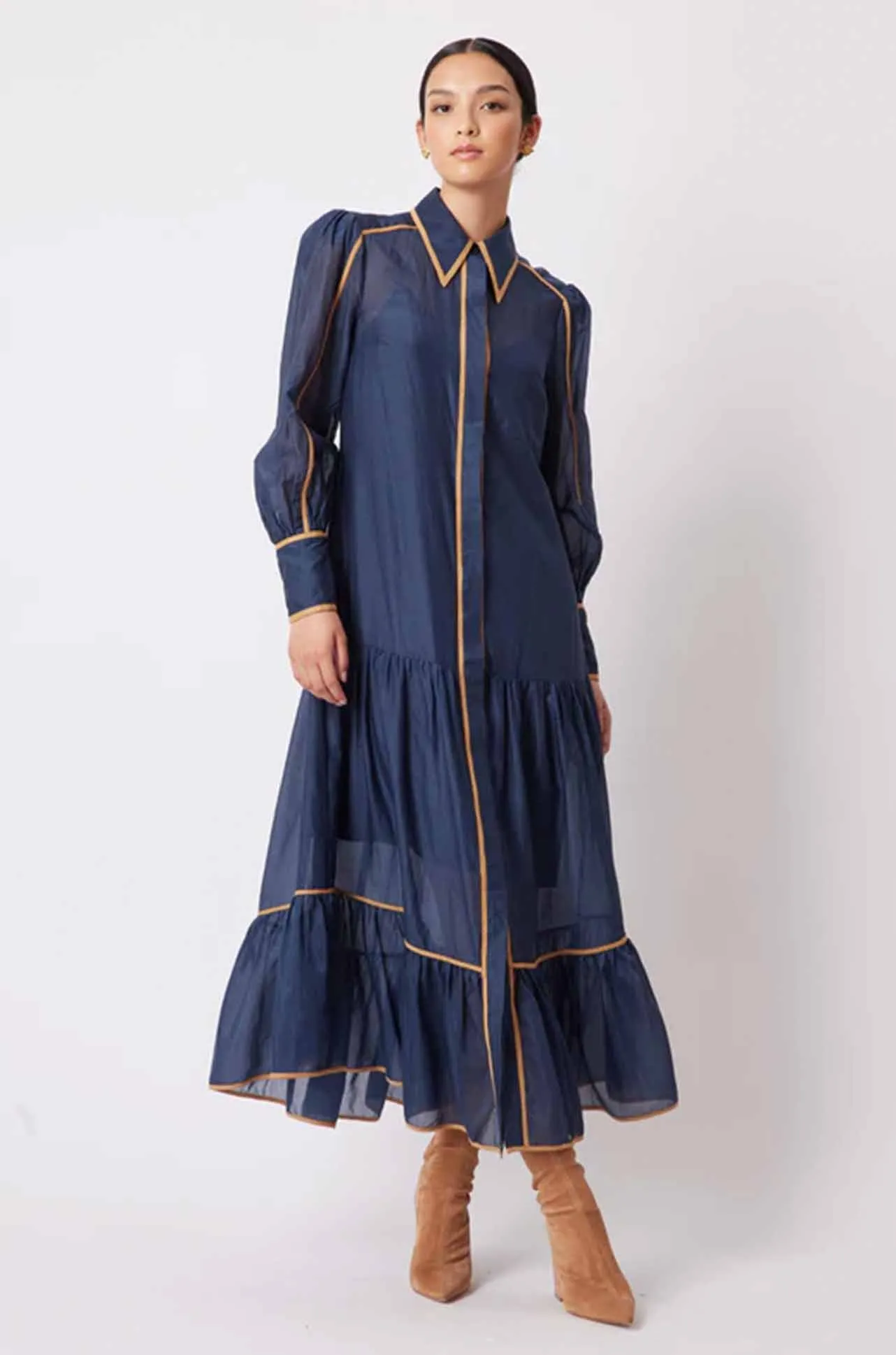 Once Was - Tallitha Binding Detailed Collared Shirtdress in Navy/Husk