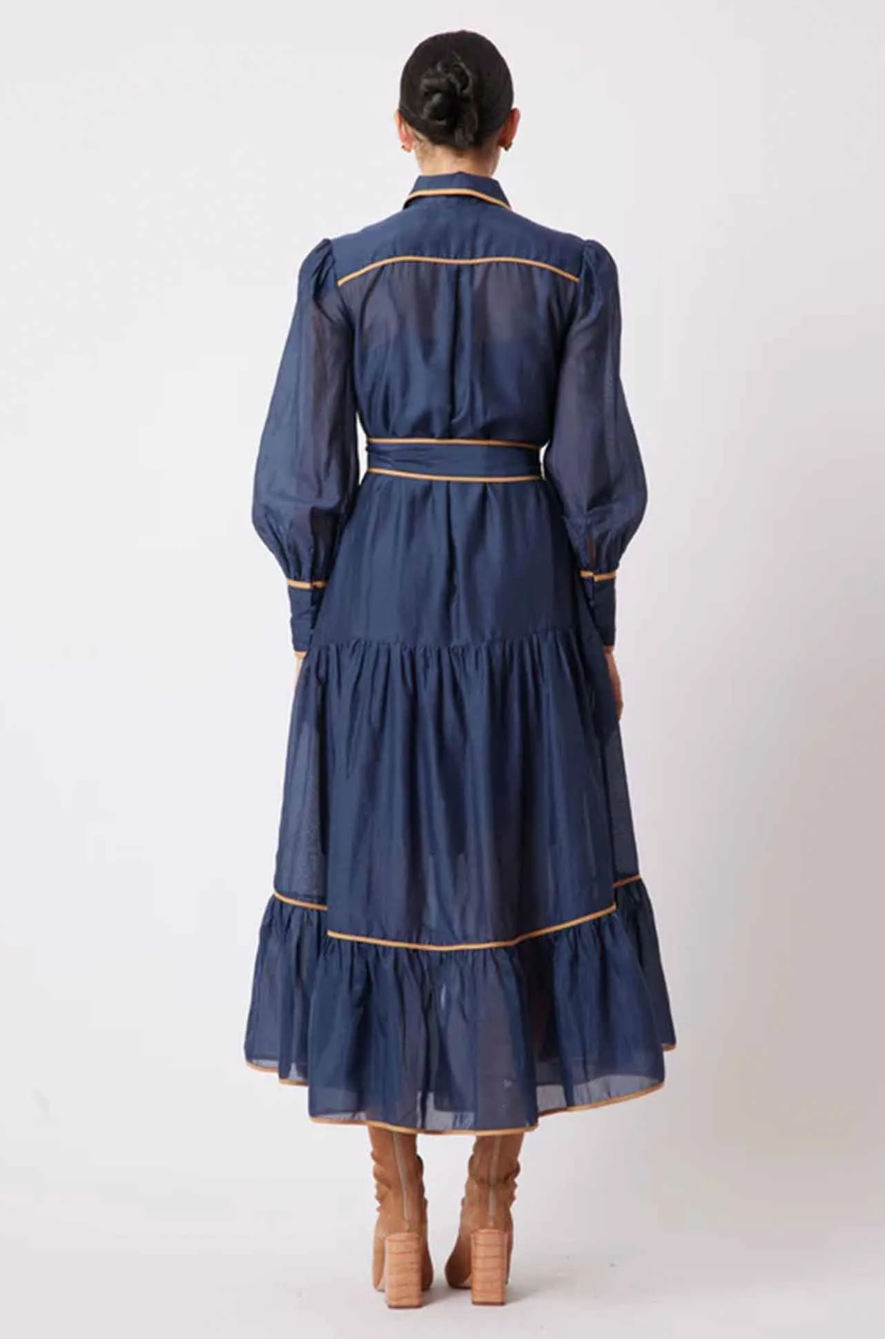 Once Was - Tallitha Binding Detailed Collared Shirtdress in Navy/Husk