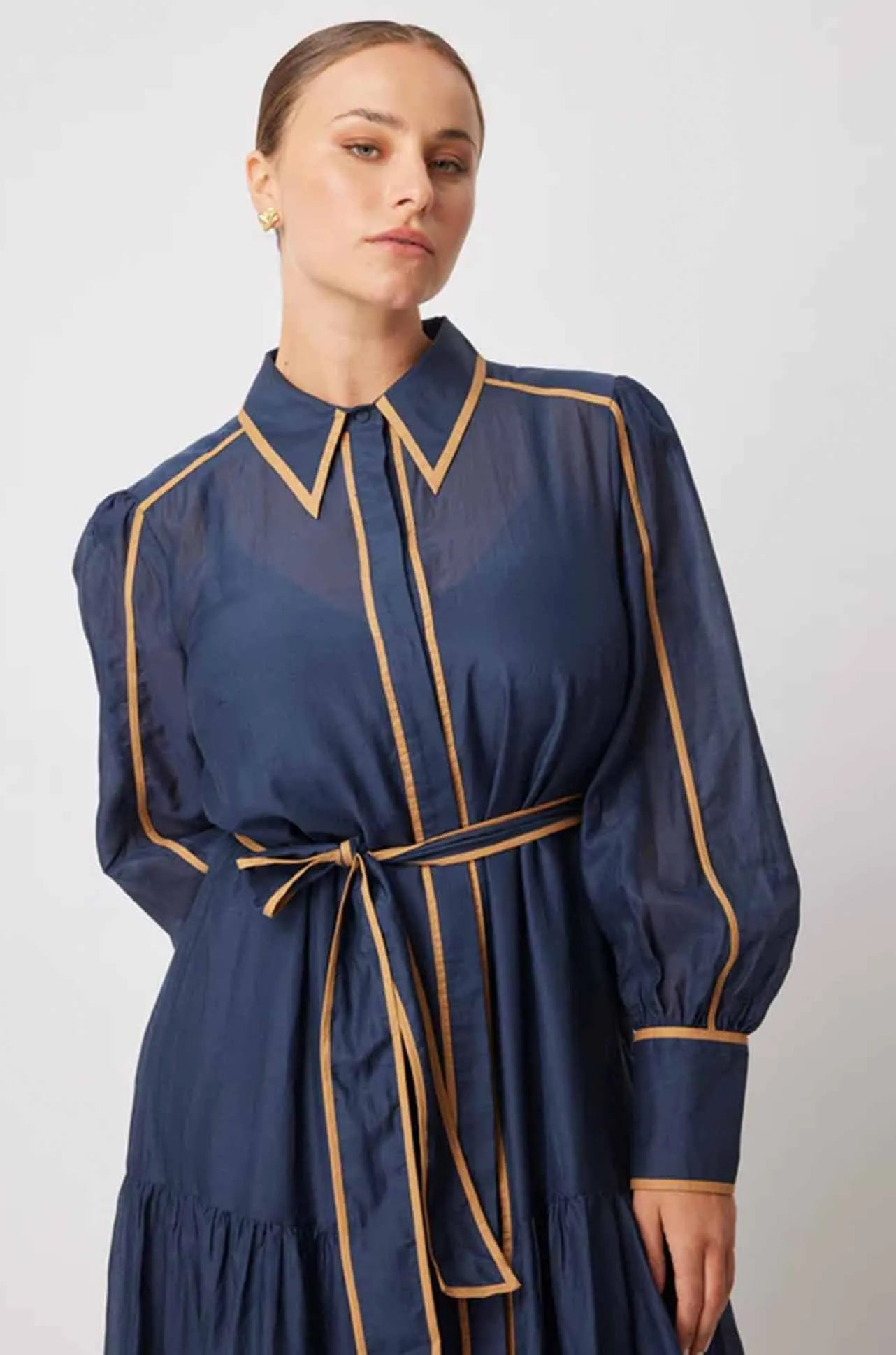 Once Was - Tallitha Binding Detailed Collared Shirtdress in Navy/Husk
