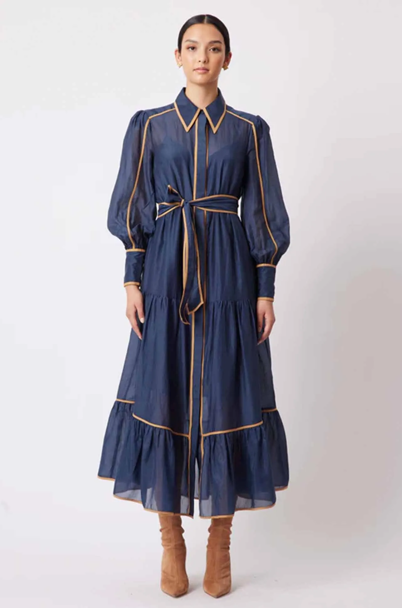 Once Was - Tallitha Binding Detailed Collared Shirtdress in Navy/Husk
