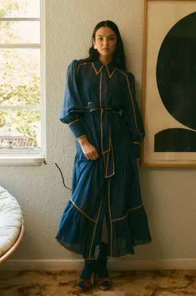 Once Was - Tallitha Binding Detailed Collared Shirtdress in Navy/Husk