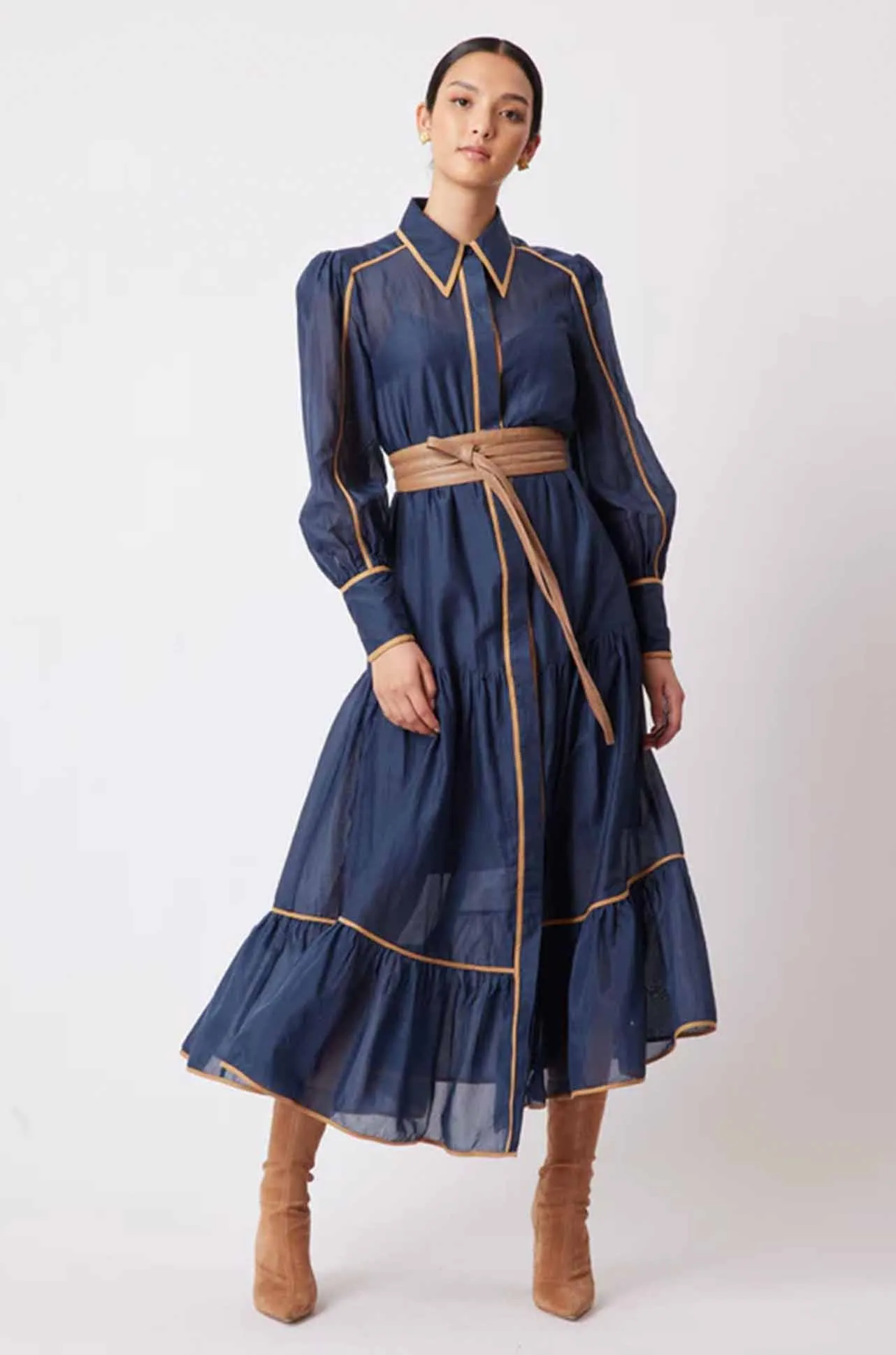 Once Was - Tallitha Binding Detailed Collared Shirtdress in Navy/Husk
