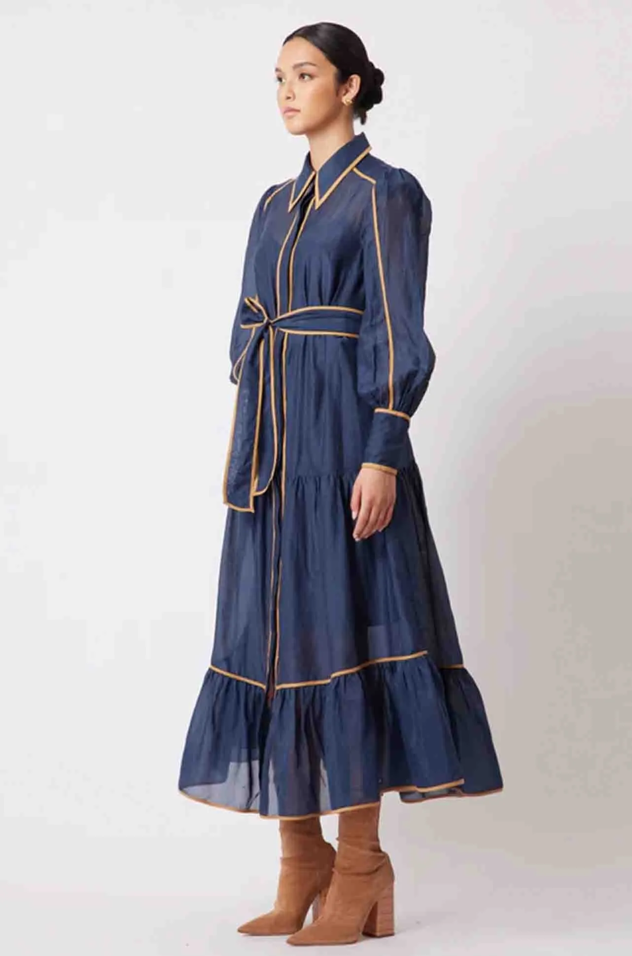 Once Was - Tallitha Binding Detailed Collared Shirtdress in Navy/Husk