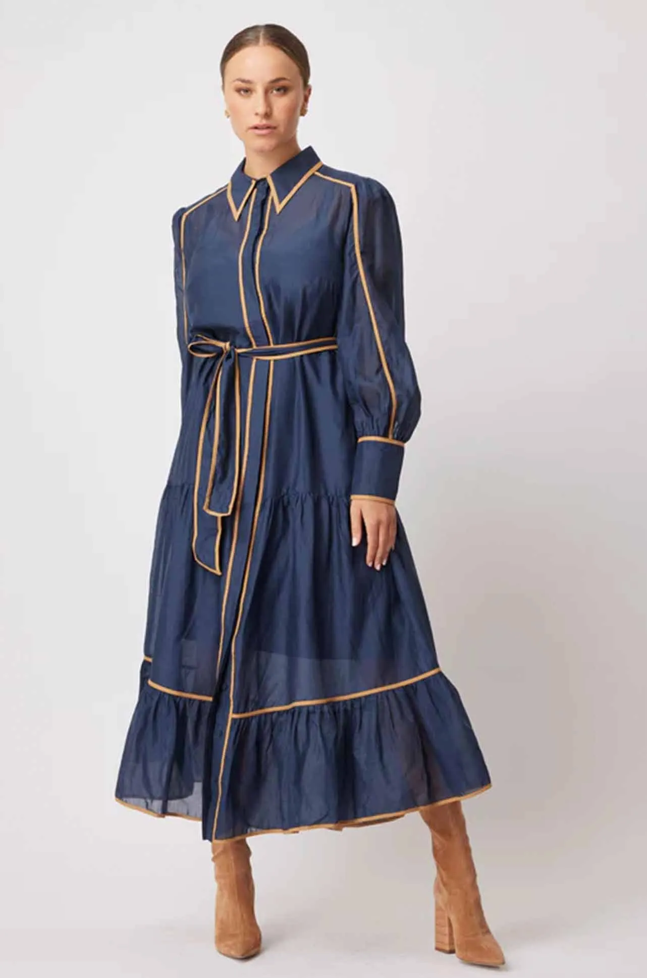 Once Was - Tallitha Binding Detailed Collared Shirtdress in Navy/Husk
