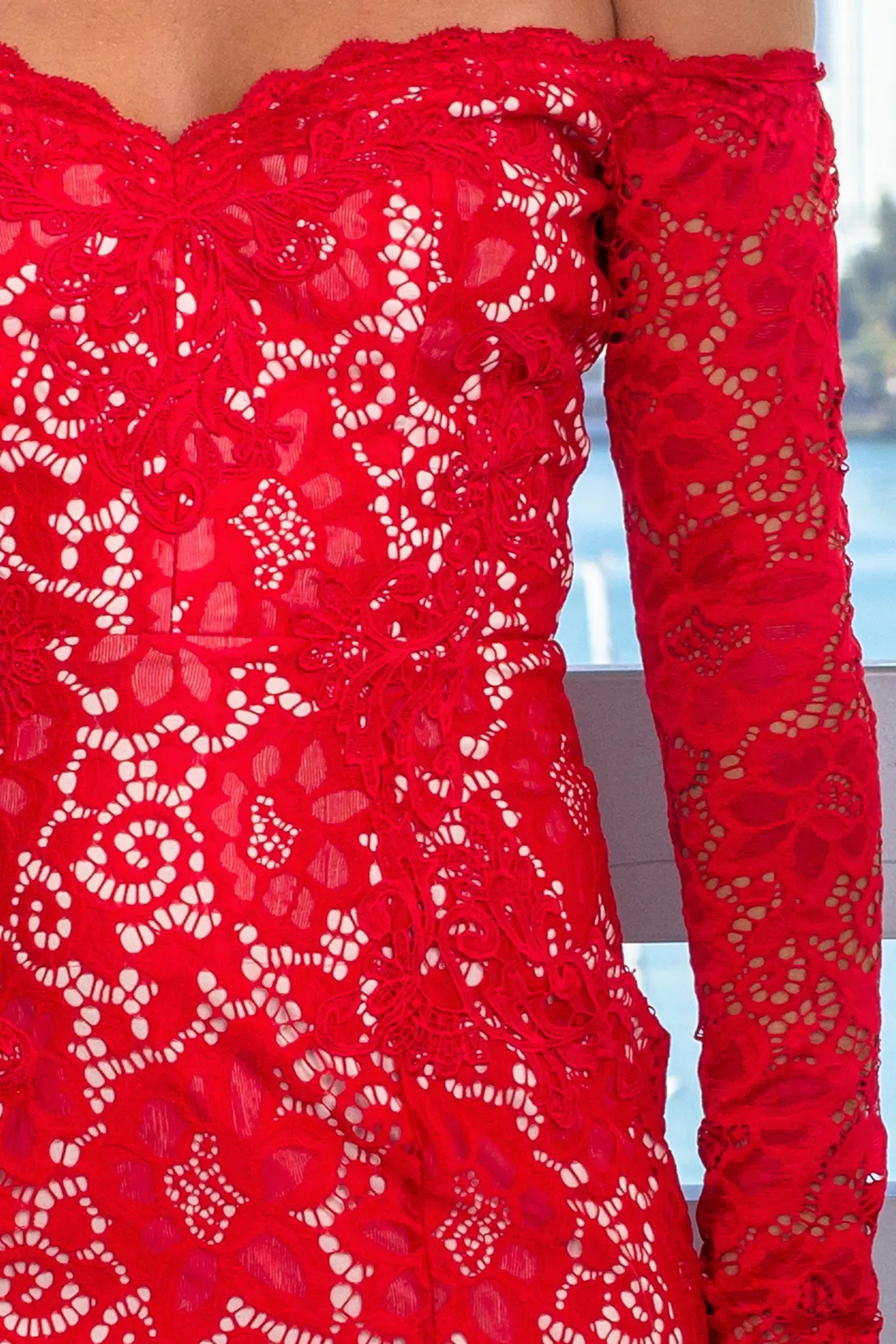 Red Lace Off Shoulder Short Dress with Long Sleeves