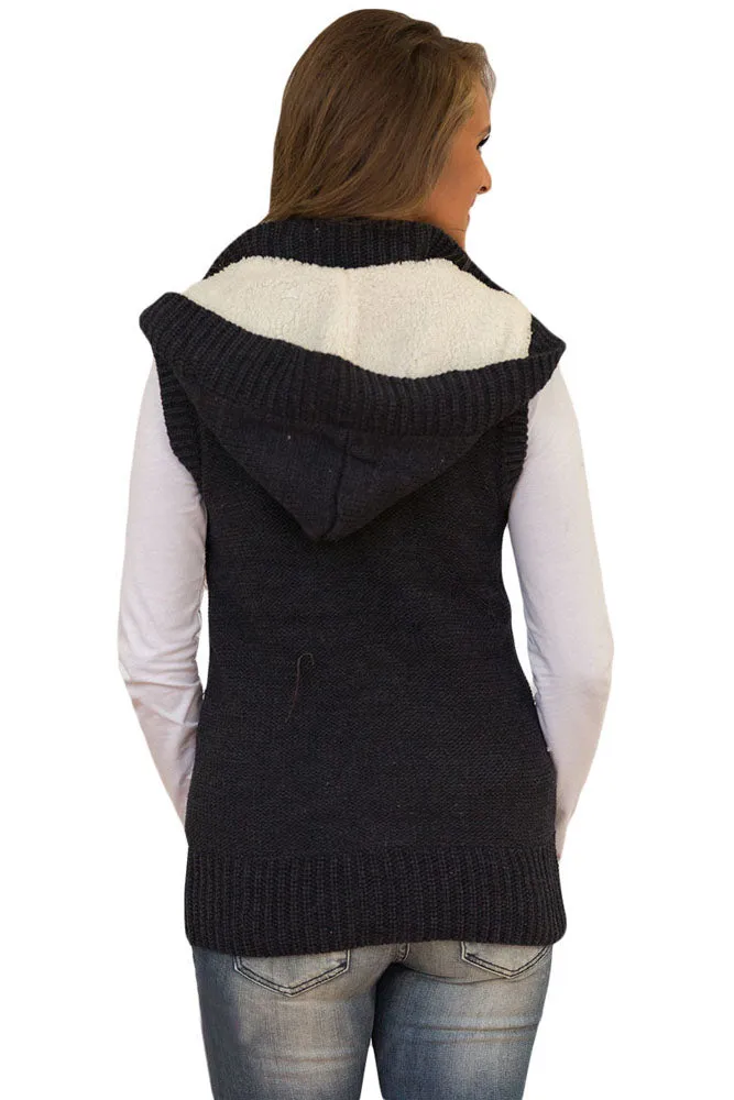 Sexy Black Cable Knit Hooded Sweater Vest