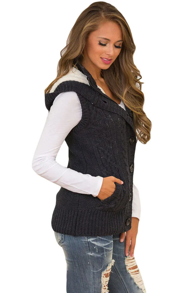 Sexy Black Cable Knit Hooded Sweater Vest