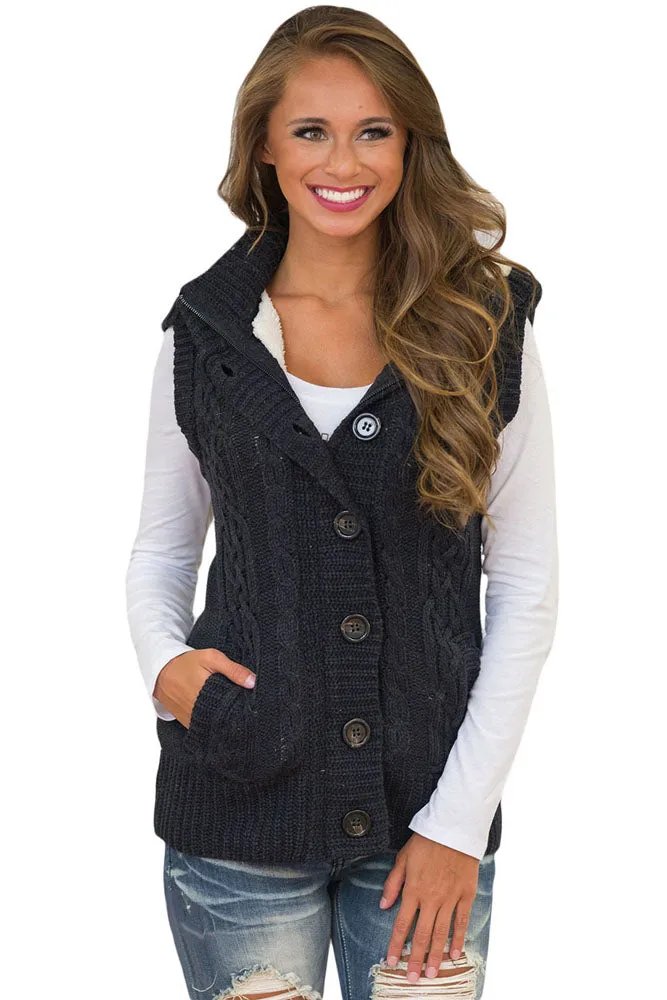 Sexy Black Cable Knit Hooded Sweater Vest