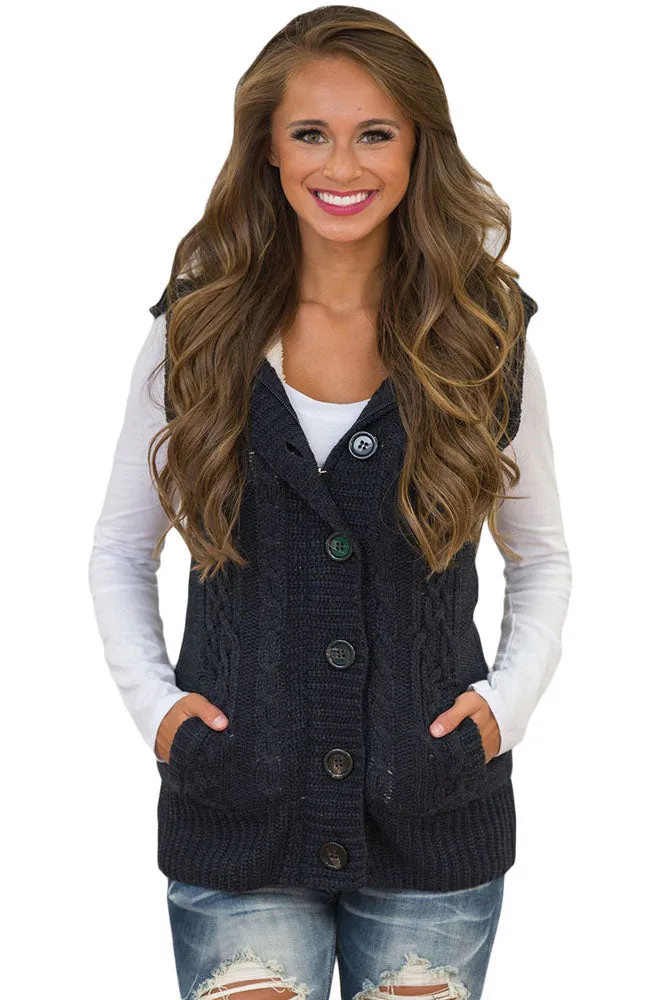 Sexy Black Cable Knit Hooded Sweater Vest