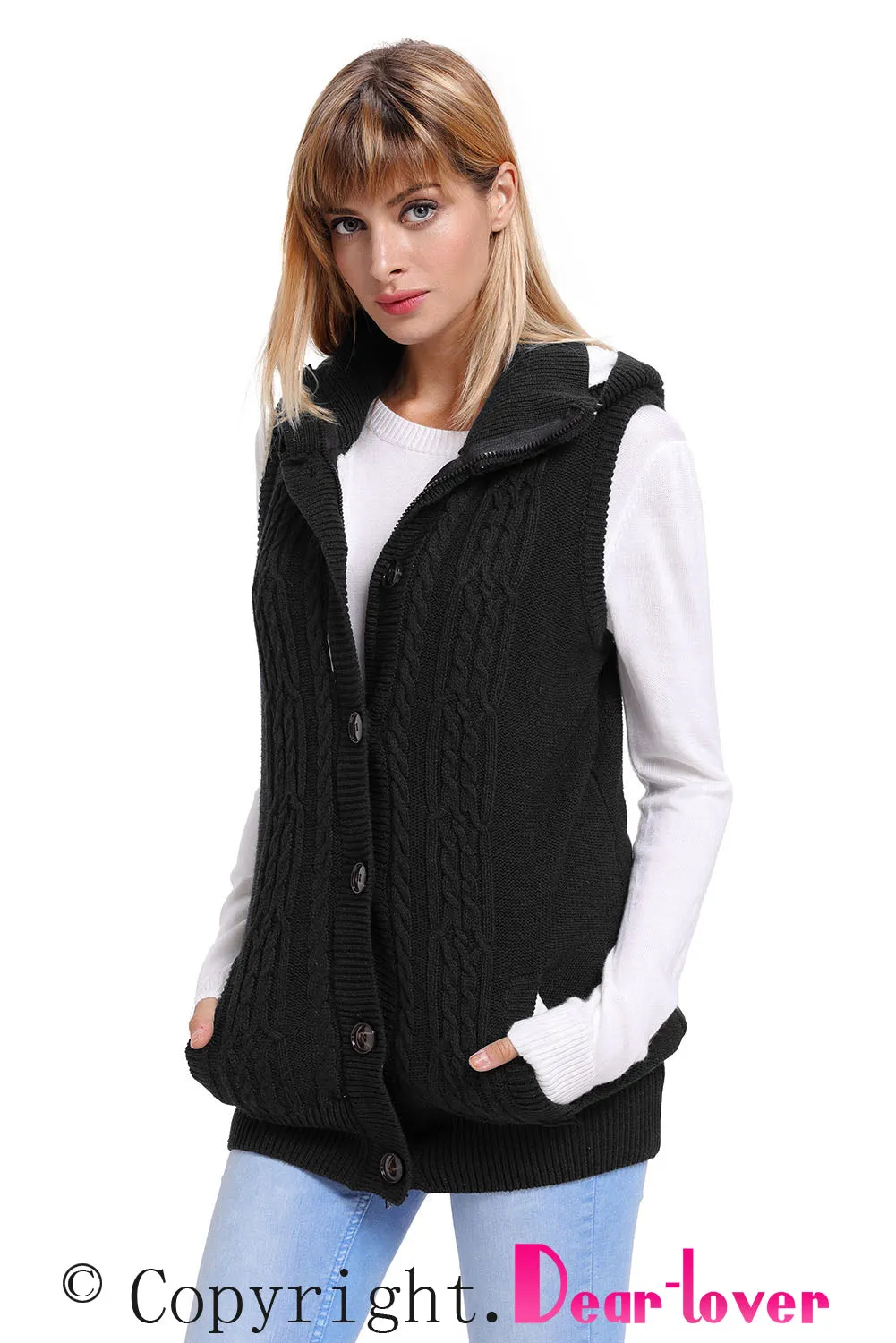 Sexy Black Cable Knit Hooded Sweater Vest
