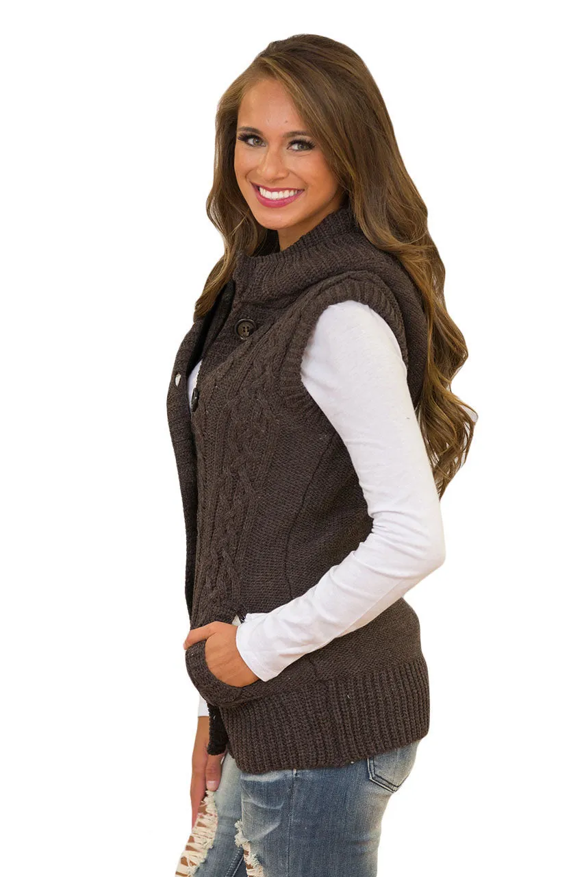 Sexy Brown Cable Knit Hooded Sweater Vest