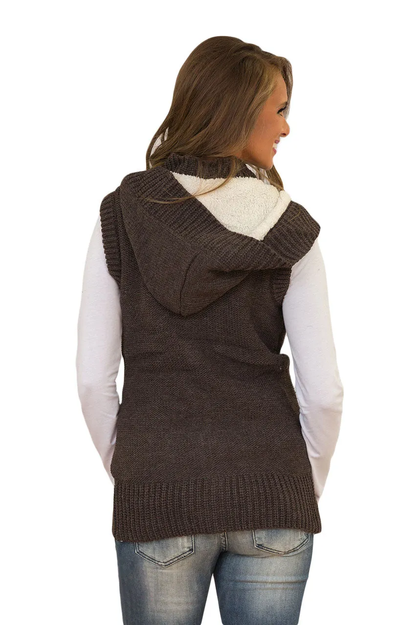 Sexy Brown Cable Knit Hooded Sweater Vest