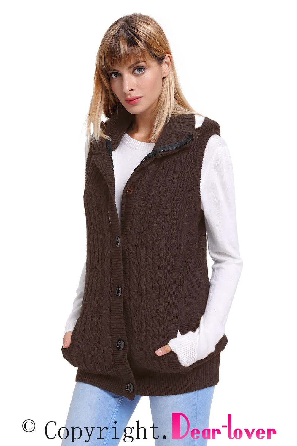 Sexy Brown Cable Knit Hooded Sweater Vest