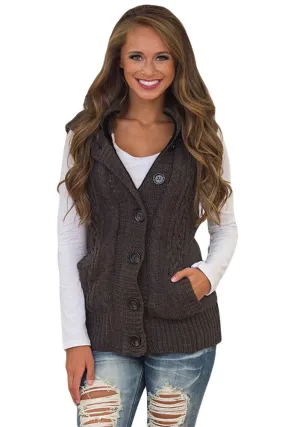 Sexy Brown Cable Knit Hooded Sweater Vest