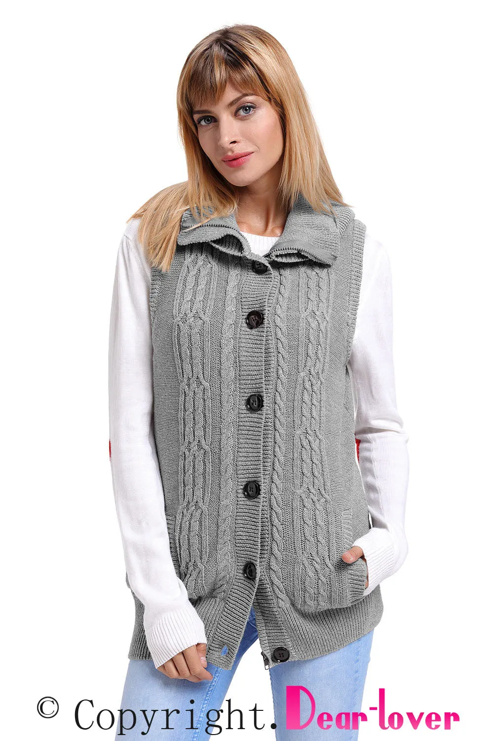 Sexy Grey Cable Knit Hooded Sweater Vest