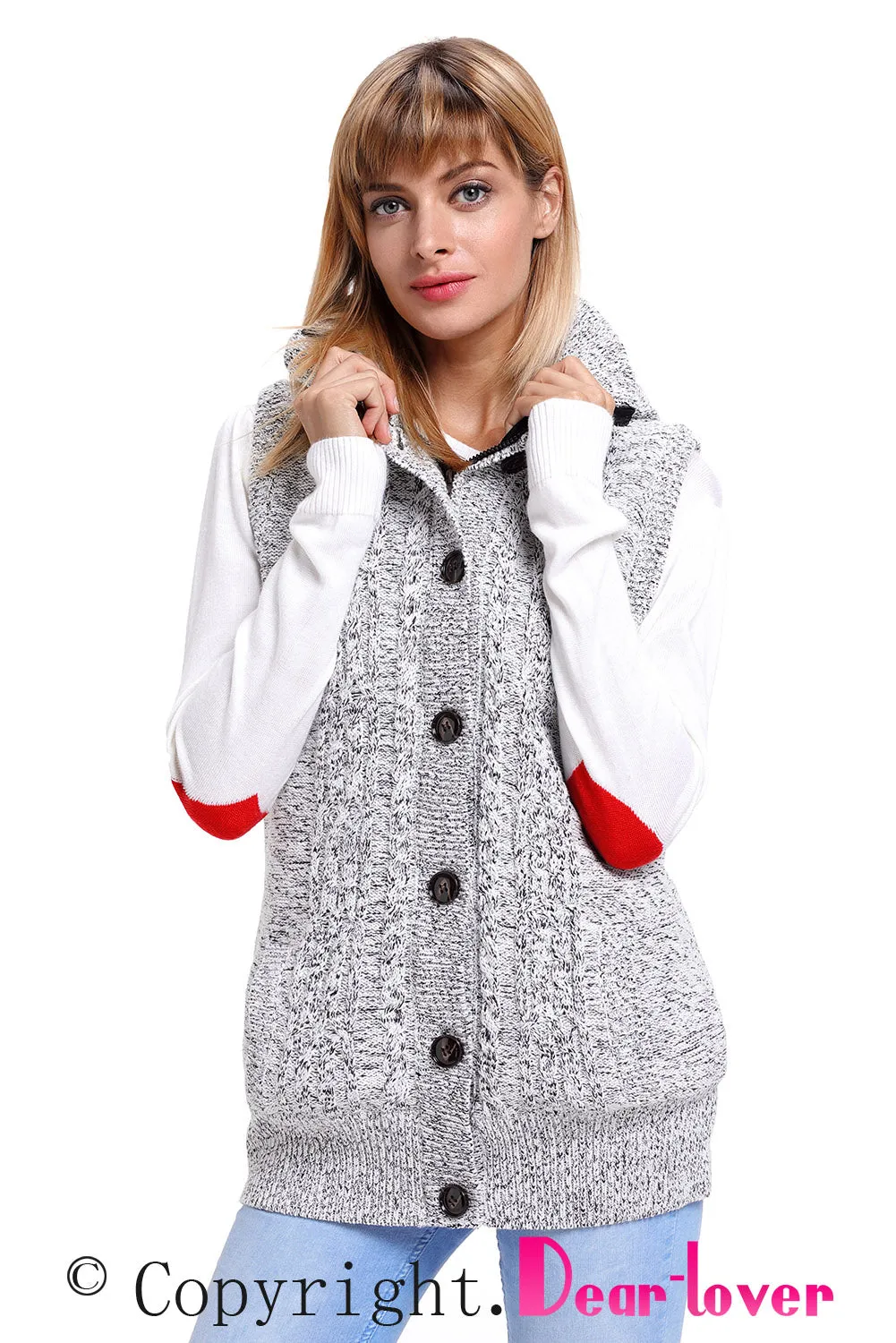 Sexy Heather Grey Cable Knit Hooded Sweater Vest