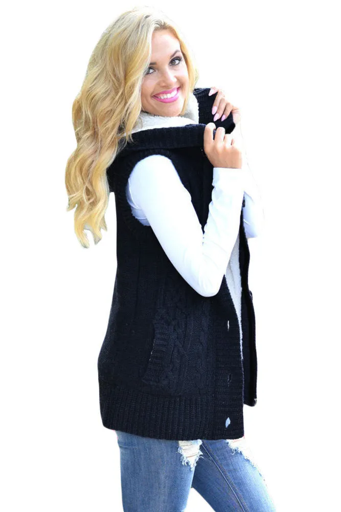 Sexy Navy Cable Knit Hooded Sweater Vest