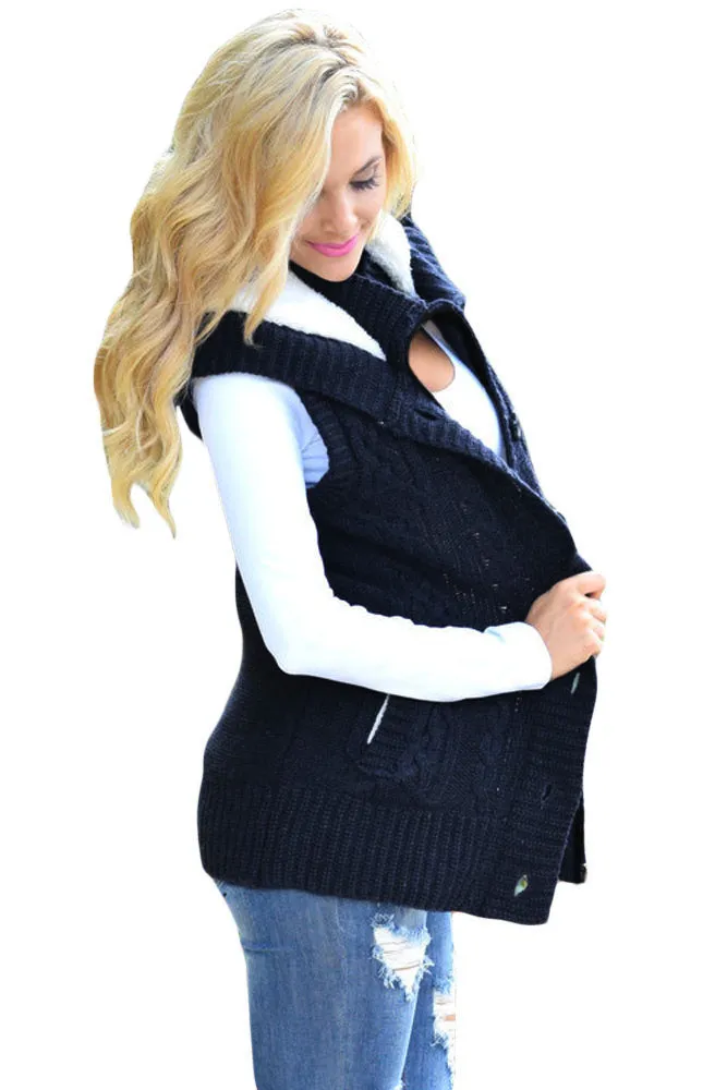 Sexy Navy Cable Knit Hooded Sweater Vest