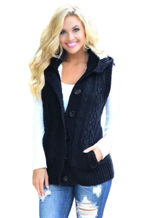 Sexy Navy Cable Knit Hooded Sweater Vest
