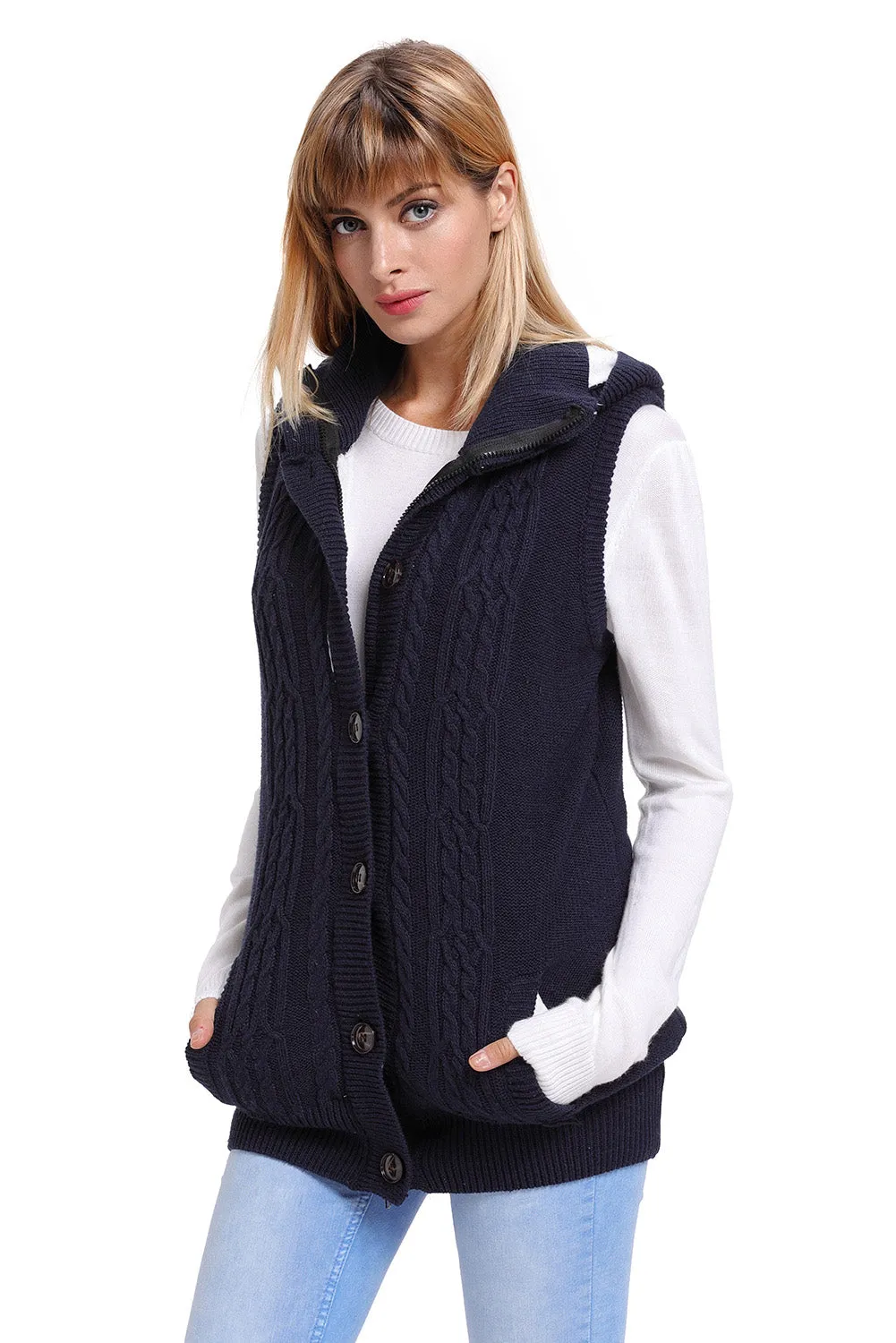Sexy Navy Cable Knit Hooded Sweater Vest