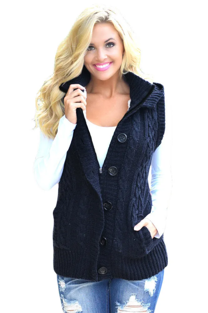 Sexy Navy Cable Knit Hooded Sweater Vest