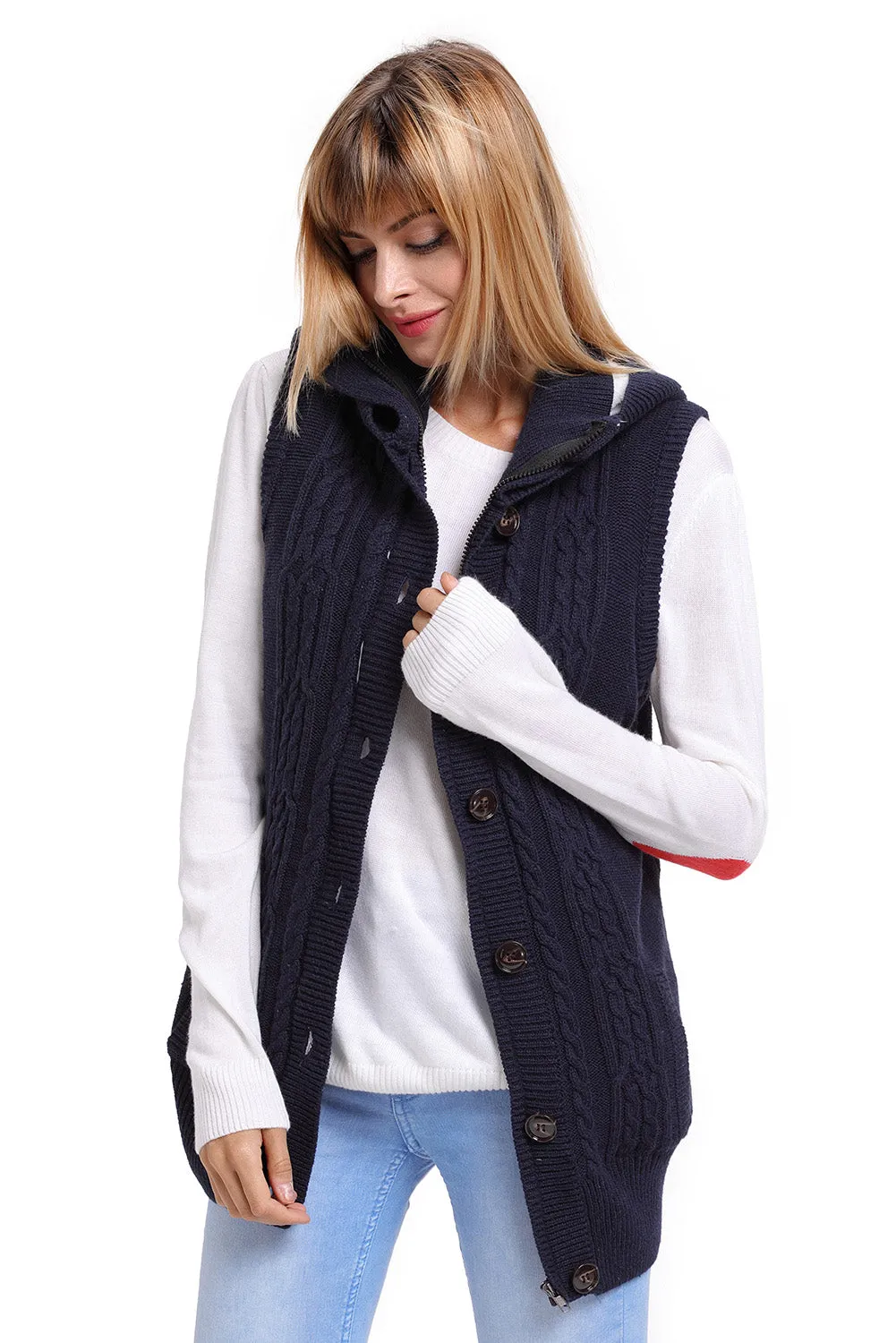 Sexy Navy Cable Knit Hooded Sweater Vest