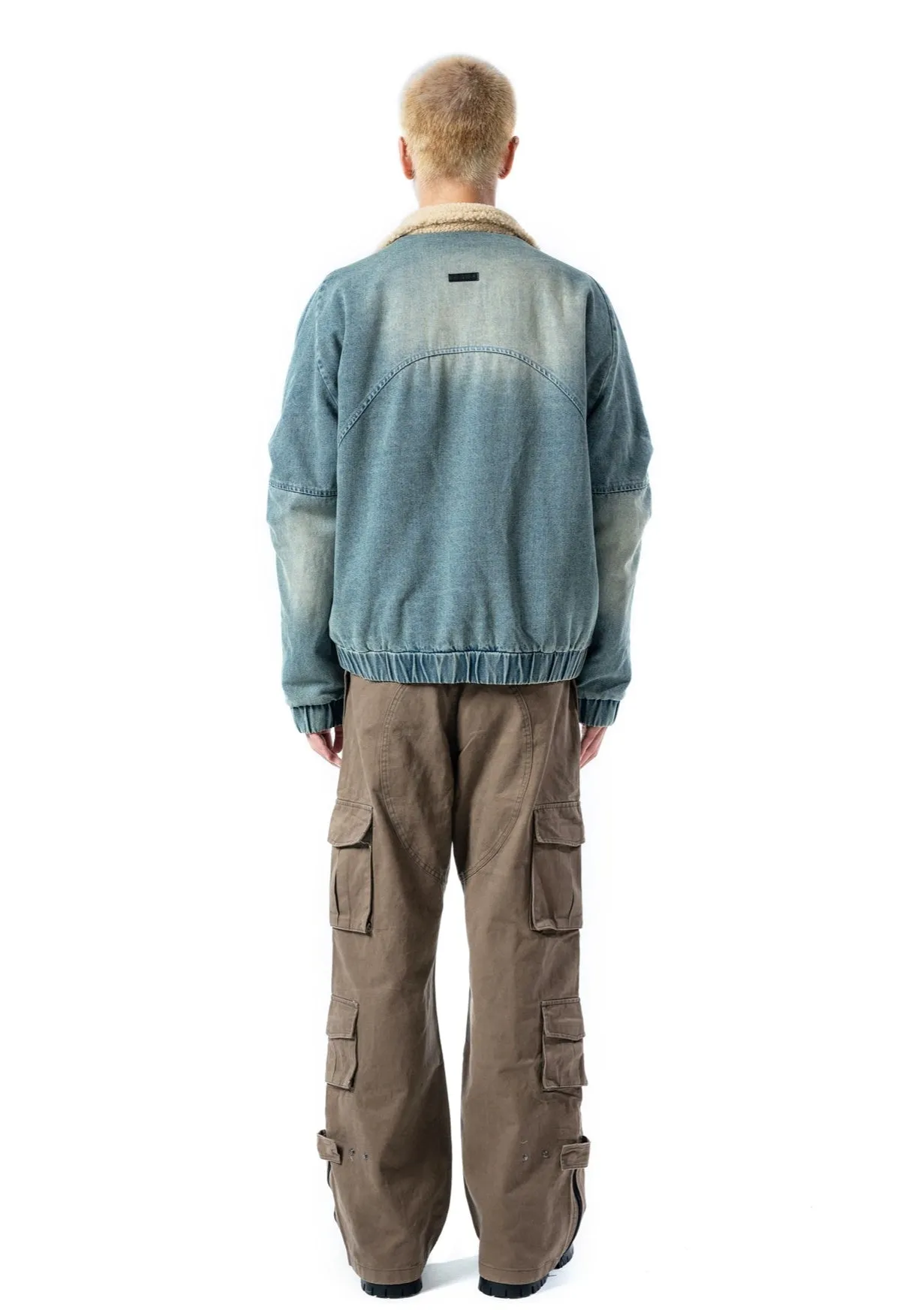 Sherpa Lined Elastic Hem Faded Denim Jacket