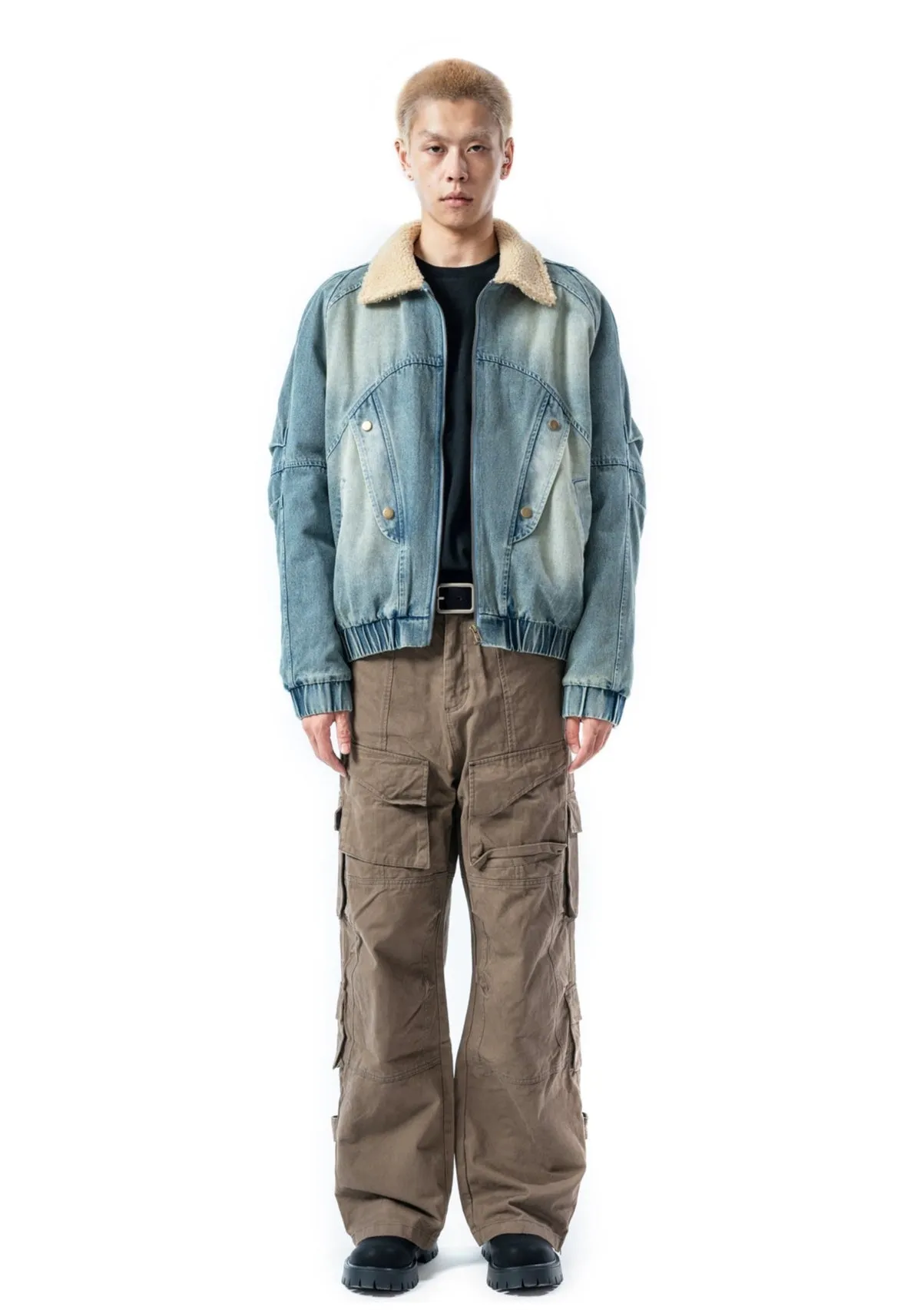 Sherpa Lined Elastic Hem Faded Denim Jacket